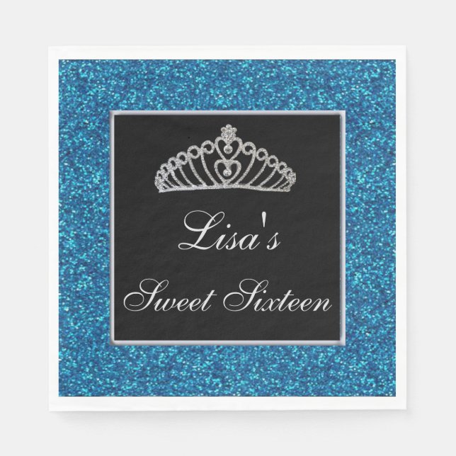 Elegant Chic Blue Glitter Tiara Sweet 16 Pappersservett (Framsidan)