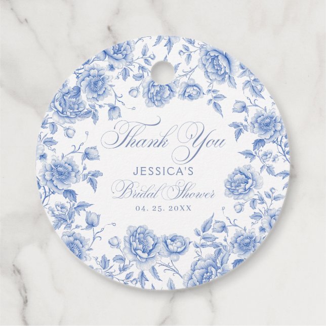 Elegant Chic Blue Toile Chinoiserie Möhippa Gåvor Etiketter (Baksida)