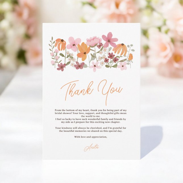 Elegant chic boho meadow wildblomma möhippa tack kort (Elegant chic boho meadow wildflower bridal shower thank you card)
