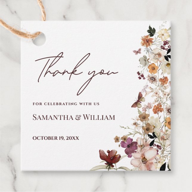 Elegant Chic Boho Pastel Wildblomme Theme Bröllop Gåvor Etiketter (Framsida)