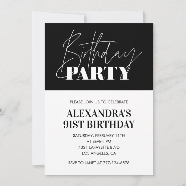 Elegant Chic bokstäver Svart Vitt 91-årsdag Inbjudningar (Framsida)