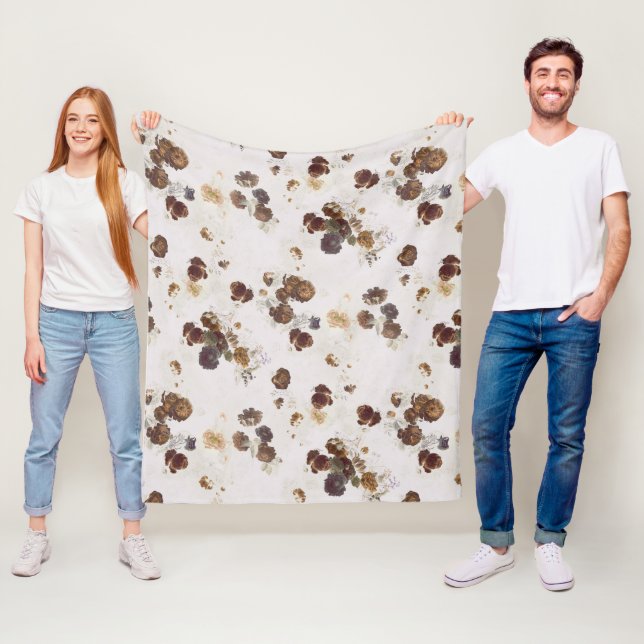 Elegant Chic Brown Beige Ro Blommigt Toile Fleecefilt (På plats)