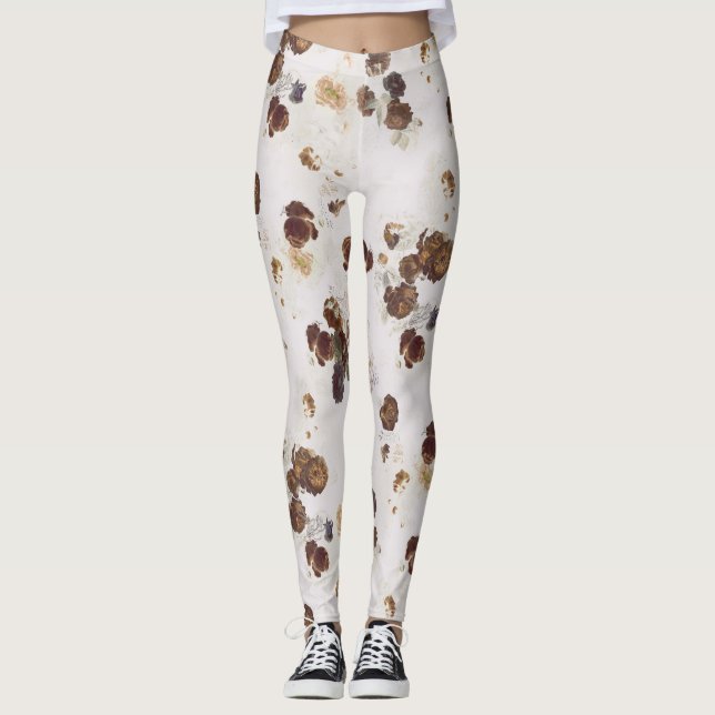 Elegant Chic Brown Beige Ro Blommigt Toile Leggings (Framsida)