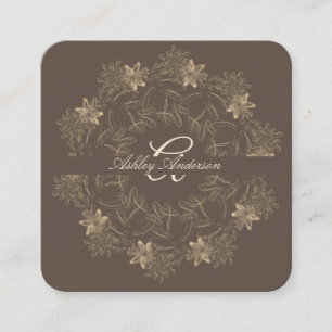 Elegant Chic Brown Guld Blommigt-skript Monogram Fyrkantigt Visitkort