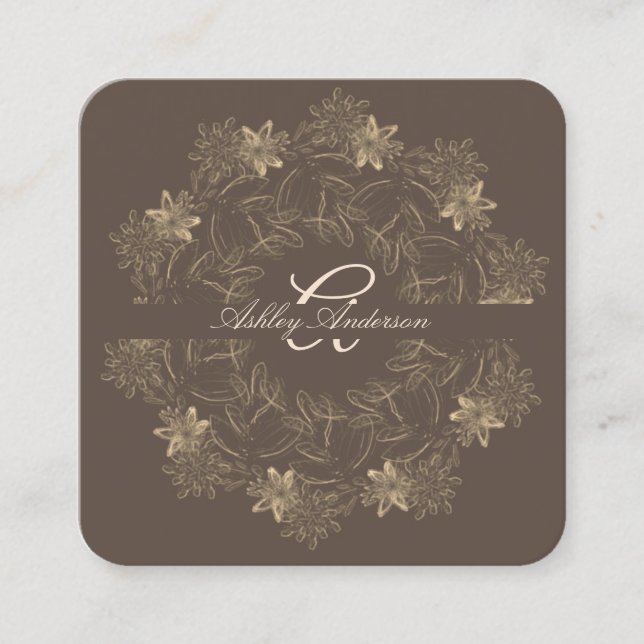 Elegant Chic Brown Guld Blommigt-skript Monogram Fyrkantigt Visitkort (Framsida)