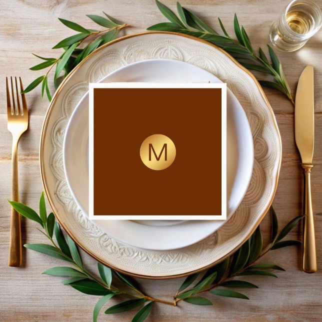 Elegant Chic Brown & Guld Monogram Initial Namn Pappersservett (Skapare uppladdad)