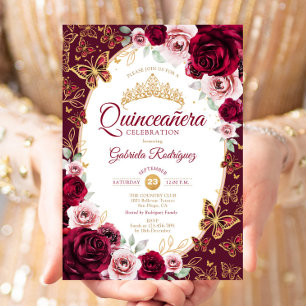 Elegant Chic Burgunder Röd Guld Blommig Quinceaner Inbjudningar