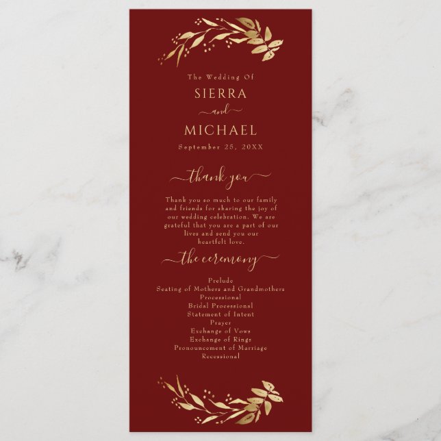 Elegant Chic Burgundy Guld Foliage Bröllop Program (Framsida)