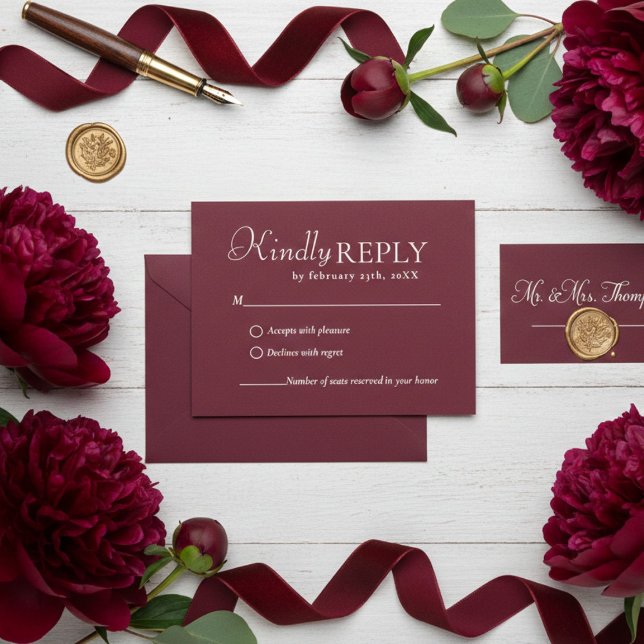 Elegant & Chic Burgundy & Ivory wedding RSVP Card OSA Kort (Skapare uppladdad)