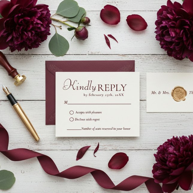 Elegant & Chic Burgundy & Ivory wedding RSVP Card OSA Kort (Skapare uppladdad)