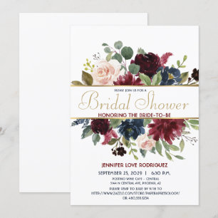 Elegant Chic Burgundy Navy Blommigt Blooms med Gul Inbjudningar