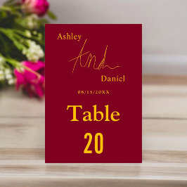 Elegant Chic Burgundy och Guld Kalligrafi Bröllop Bordsnummer