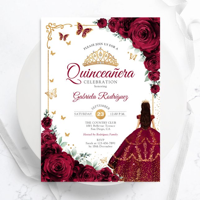 Elegant Chic Burgundy Ro Guld Quinceanera Inbjudningar (Skapare uppladdad)