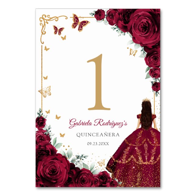 Elegant Chic Burgundy Roses Gold Quinceanera Bordsnummer (Framsidan)