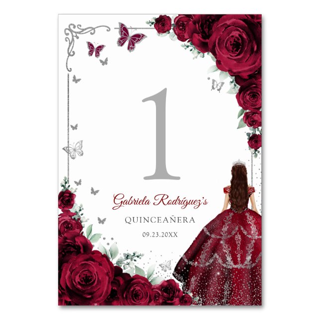 Elegant Chic Burgundy Roses Silver Quinceanera Bordsnummer (Framsidan)