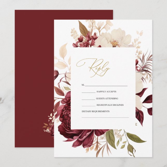 Elegant Chic Burgundy White Flowers OSA Inbjudningar (Fram/baksida)