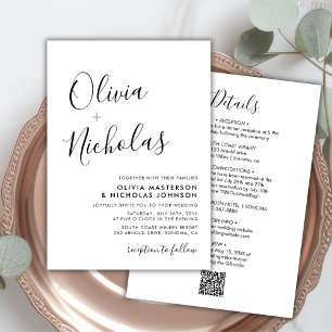 Elegant Chic Calligraphy Monogram QR Code Bröllop Inbjudningar