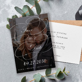 Elegant chic calligraphy-skript, foto bröllop spara datumet