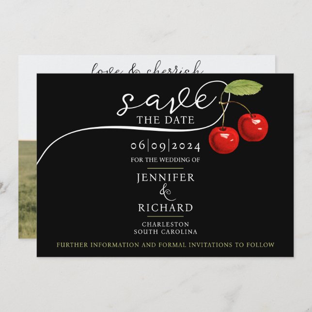 Elegant Chic Cherries Red Black Photo Calligraphy Spara Datumet (Fram/baksida)