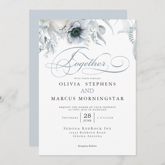 Elegant Chic Dusty Blue-Blommigt Inbjudningar (Fram/baksida)