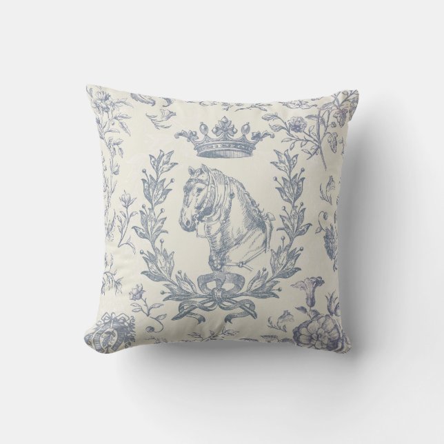 Elegant Chic Dusty Blue Equestrian Blommigt Toile Kudde (Framsida)