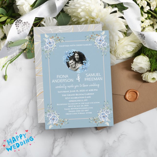 Elegant Chic Dusty Blue Guld Personligt bröllp Inbjudningar (Skapare uppladdad)
