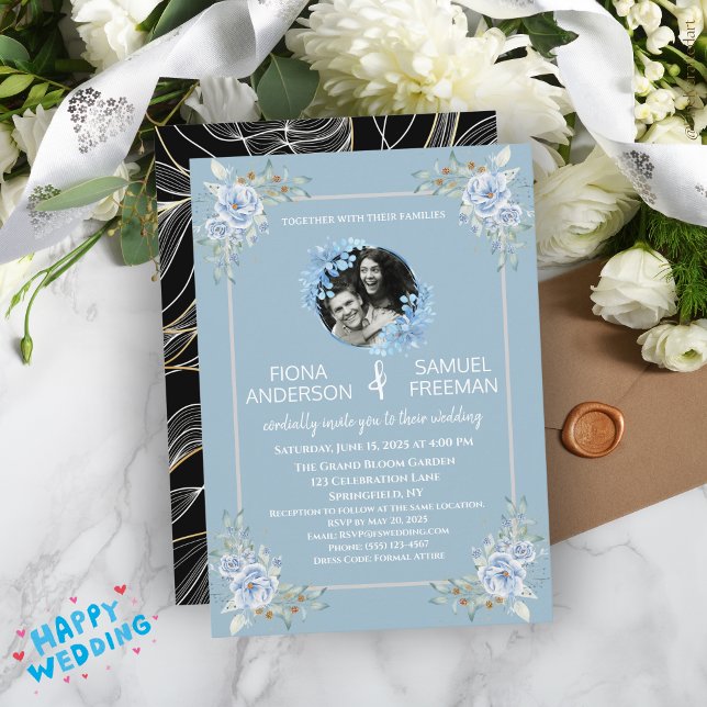 Elegant Chic Dusty Blue Guld Personligt bröllp Inbjudningar (Skapare uppladdad)