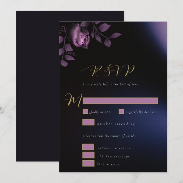 Elegant Chic Dyster Mörklila Blommig Bröllops-RSVP Inbjudningar (Fram/baksida)