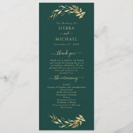 Elegant Chic Emerald Grönt Guld Foliage Bröllop Program