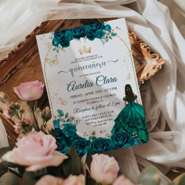 Elegant Chic Emerald Grönt Ro Guld Quinceanera Inbjudningar (Skapare uppladdad)