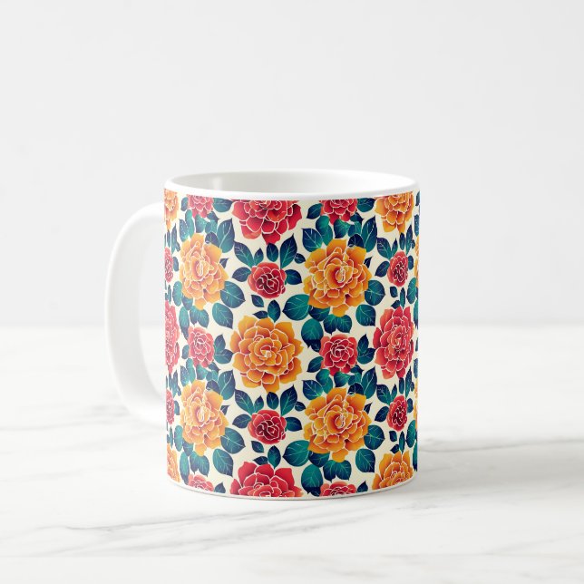 Elegant Chic Färgglada Stylish Moderna Blommor Kaffemugg (Framsida vänster)