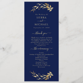 Elegant Chic flottan Blue Guld Foliage Bröllop Program