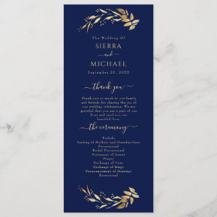 Elegant Chic flottan Blue Guld Foliage Bröllop Program
