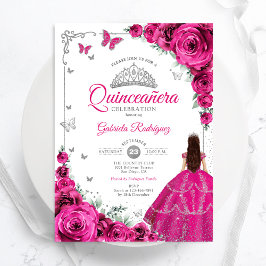 Elegant Chic Fuchsia Rosa ros Blommigt Quinceanera Inbjudningar