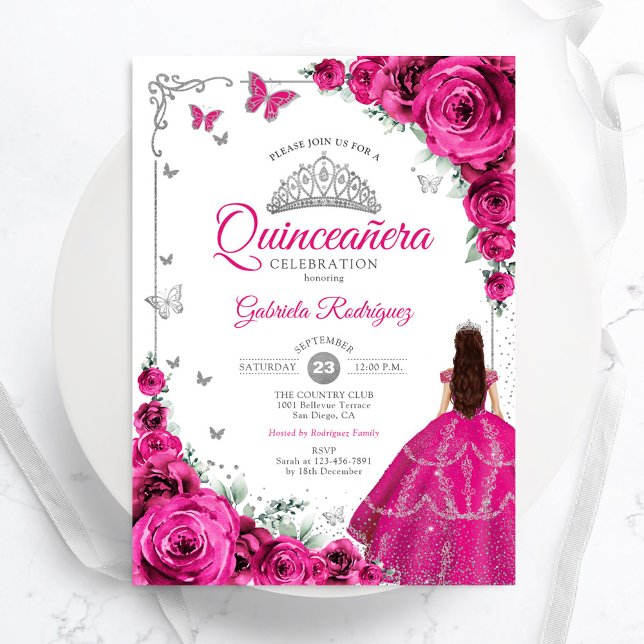 Elegant Chic Fuchsia Rosa ros Blommigt Quinceanera Inbjudningar (Skapare uppladdad)