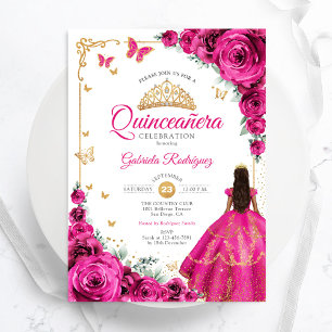 Elegant Chic Fuchsia Rosa ros Guld Quinceanera Inbjudningar