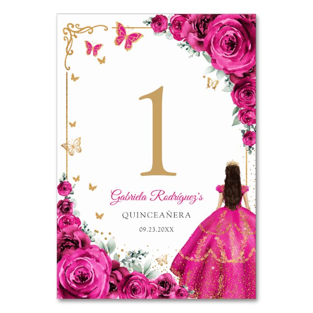 Elegant Chic Fuchsia Rosa Rosor Guld Quinceanera Bordsnummer (Framsidan)