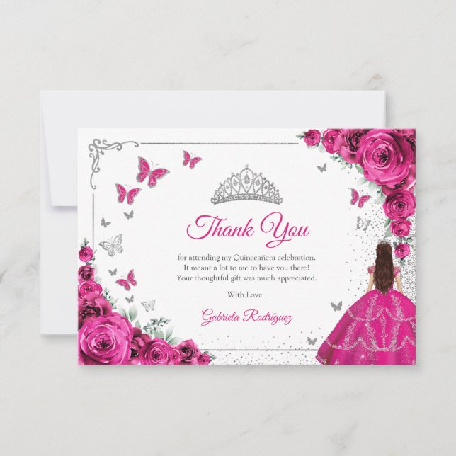 Elegant Chic Fuchsia Rosa Rosor Silver Quinceanera Tack Kort (Framsida)
