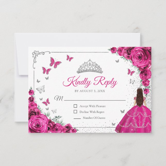 Elegant Chic Fuchsia Rosa Silver Quinceanera Svar (Framsida)