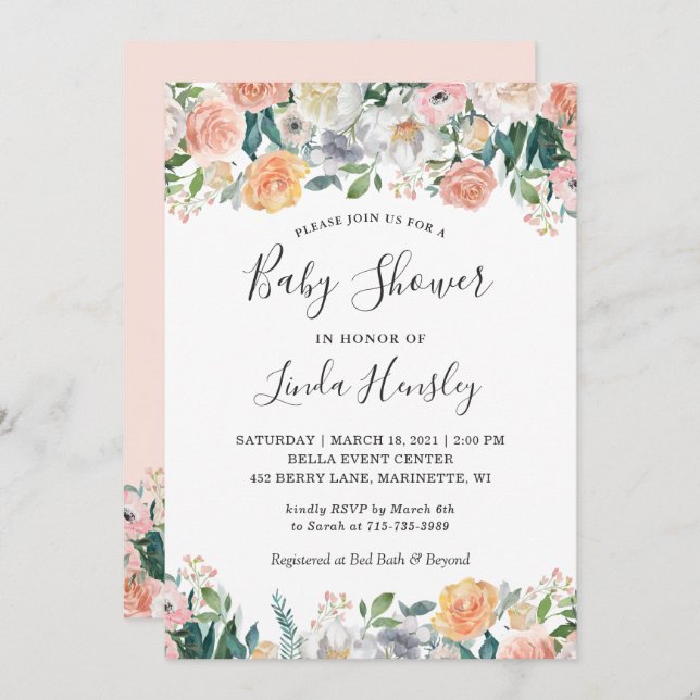 Elegant Chic Garden Ro Peony Blommigt Baby Shower Inbjudningar (Fram/baksida)