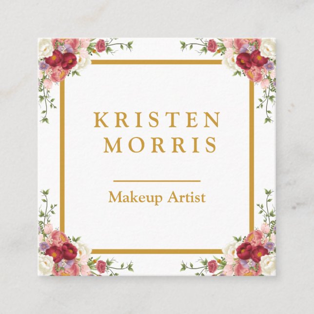 Elegant Chic Girly Rosa Blommigt Guld Ram Personli Fyrkantigt Visitkort (Framsida)
