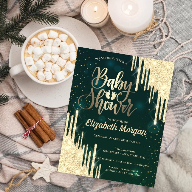 Elegant Chic Glitter Drives Grönt Baby Shower Inbjudningar (Skapare uppladdad)