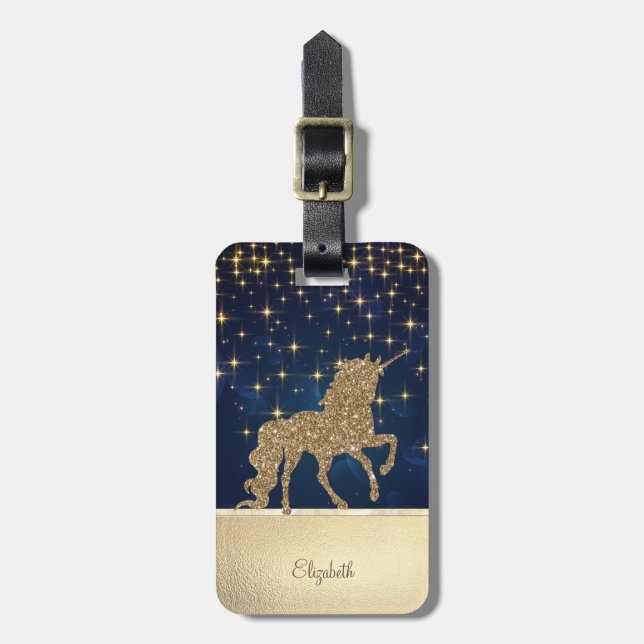 Elegant Chic Glitter Unicorn Stars Navy Blue Bagagebricka (Vertikal Framsida)