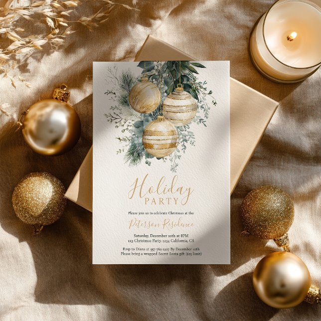 Elegant Chic Gold Baubles Greenery Christmas Party Inbjudningar (Elegant Chic Gold Baubles Greenery Christmas Party Invitation)