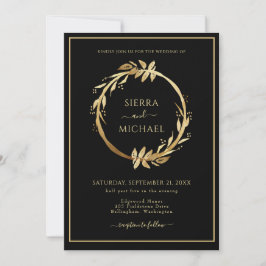 Elegant Chic Golden Foliage Black Bröllop Inbjudningar