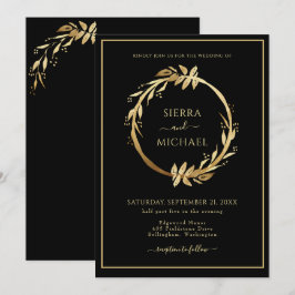 Elegant Chic Golden Foliage Black Bröllop Inbjudningar