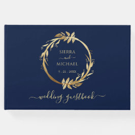 Elegant Chic Golden Foliage Navy Blue Bröllop Gästböcker
