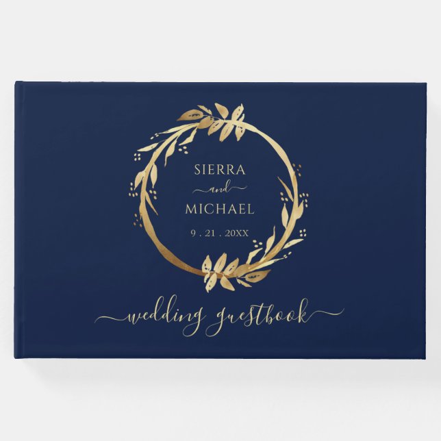 Elegant Chic Golden Foliage Navy Blue Bröllop Gästböcker (Framsida)