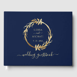 Elegant Chic Golden Foliage Navy Blue Bröllop Gästböcker