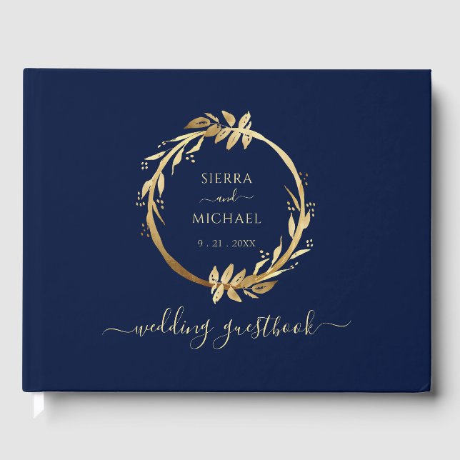 Elegant Chic Golden Foliage Navy Blue Bröllop Gästböcker (Framsida)